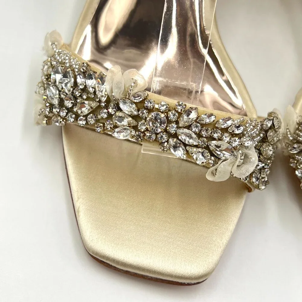 Badgley Mischka Size 5 Ivory White Satin Jeweled Wedges Dress Sandals‎ Shoes